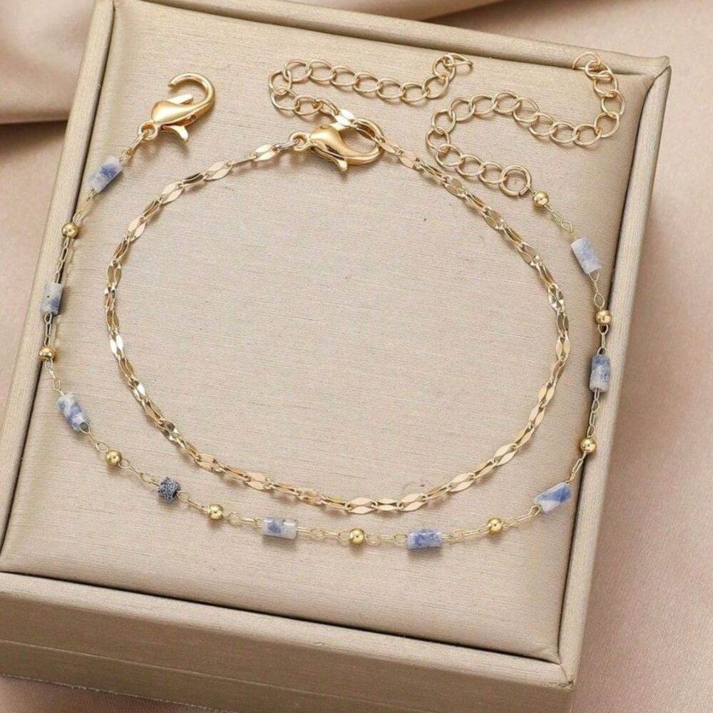 2 Pc Natural Gemstone Beaded Bracelet Set Adjstable Gold Chain Blue Double Layer